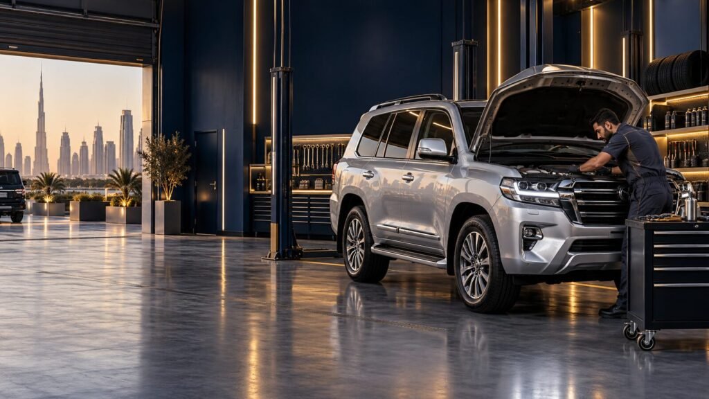 Car receiving scheduled maintenance at a Dubai workshop