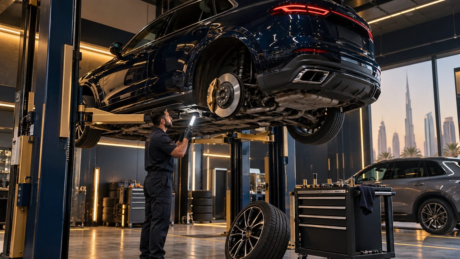 Technician inspecting a raised vehicle with one wheel removed