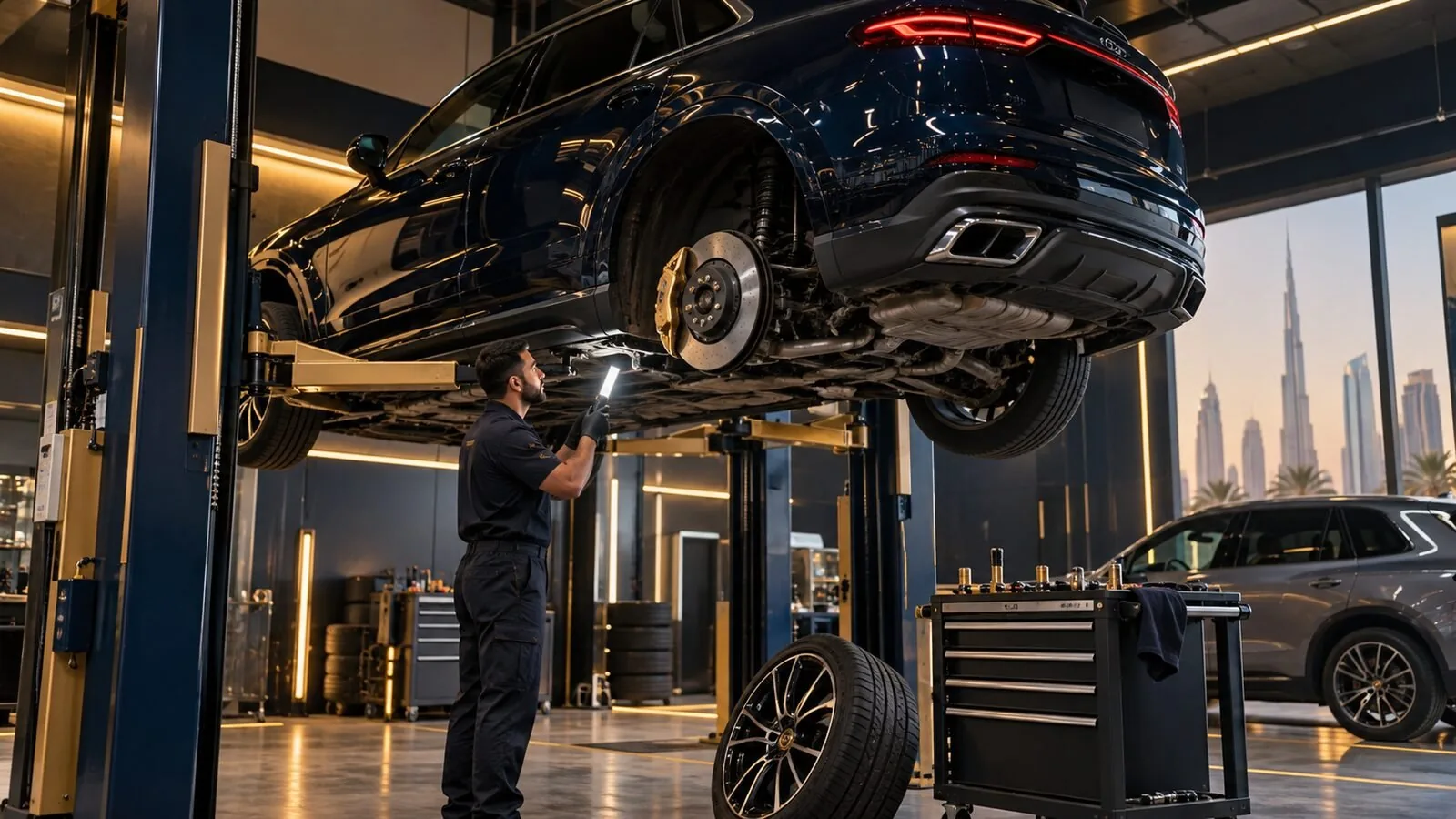 Technician inspecting the underside of a vehicle on a lift