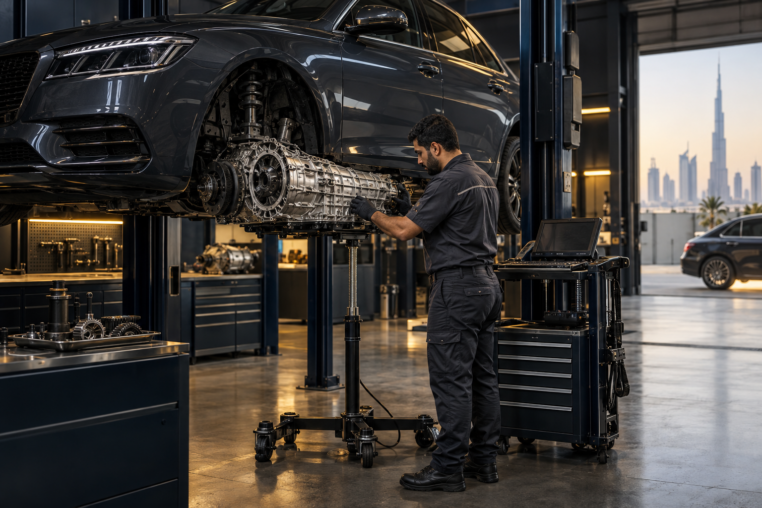 Transmission technician inspecting a gearbox in a Dubai workshop