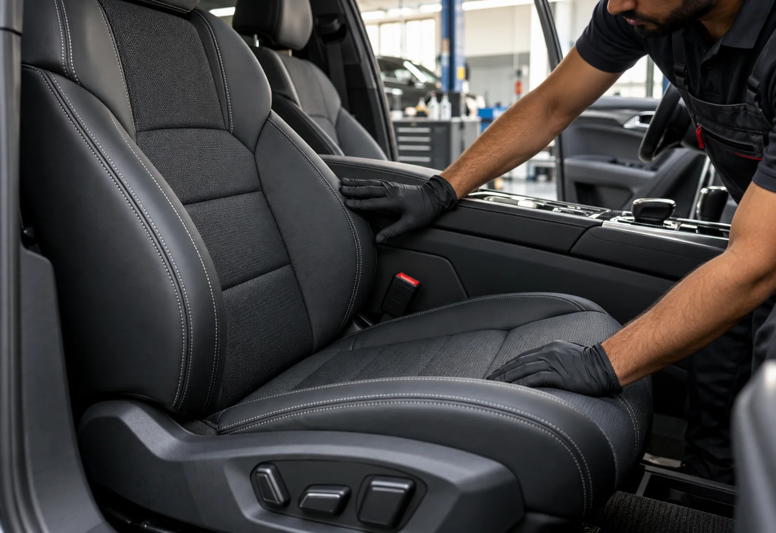 Technician checking the fit and seams of a car seat