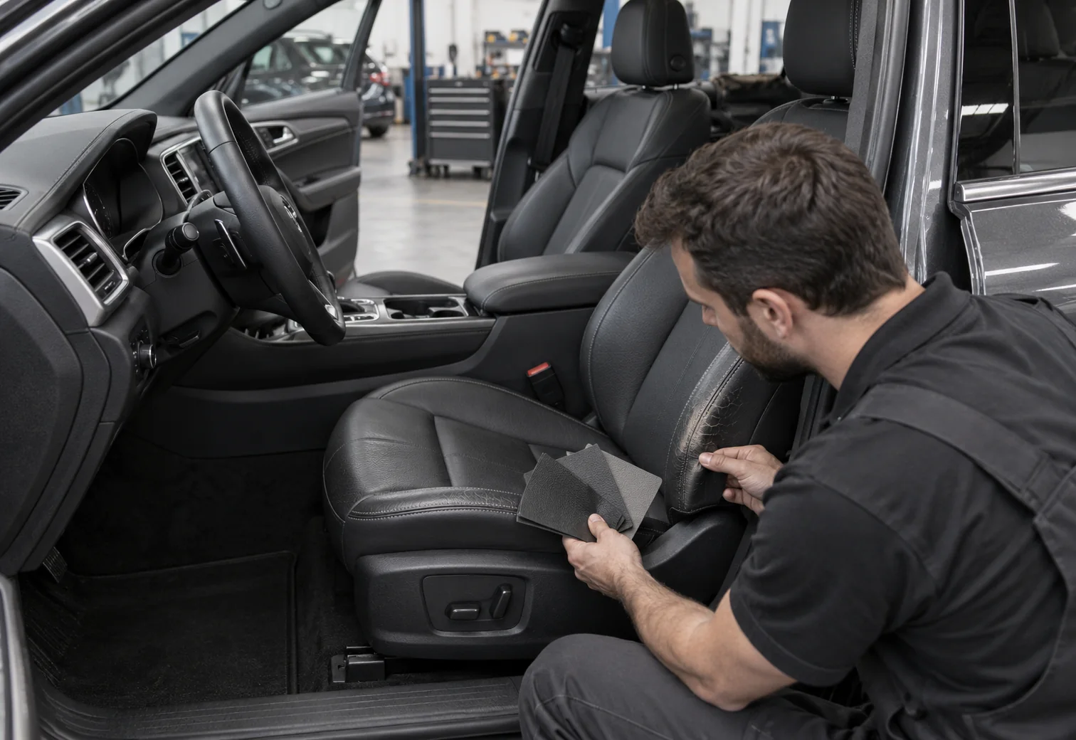 Technician assessing worn car seat upholstery in a workshop