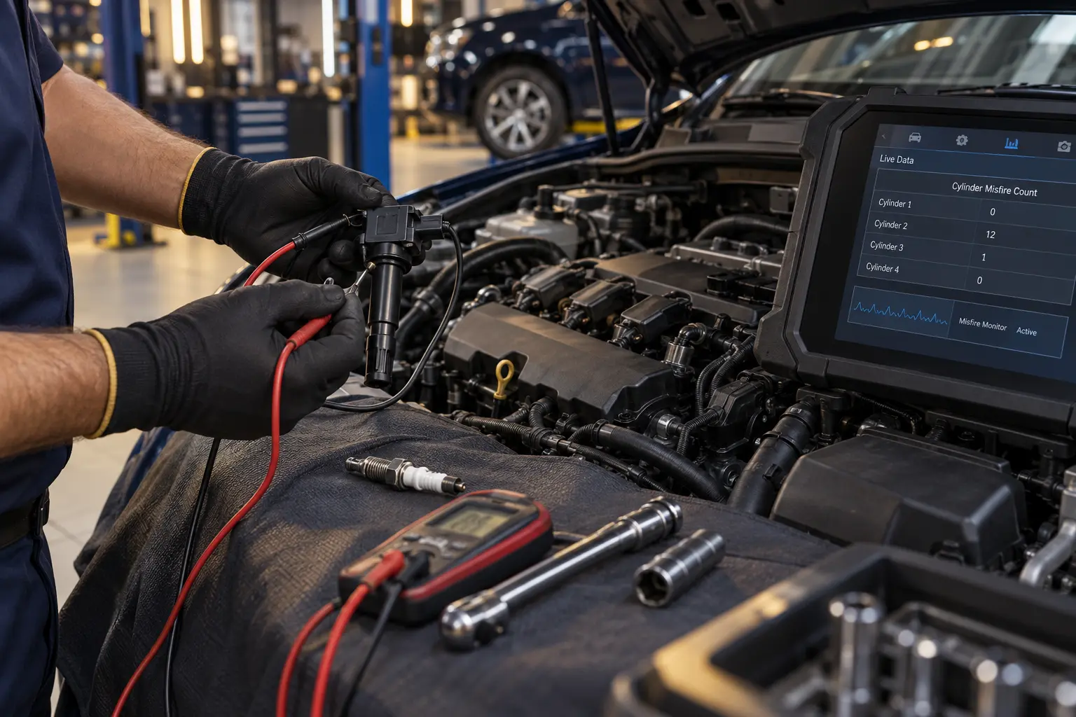 Technician testing an ignition coil while reviewing cylinder misfire data