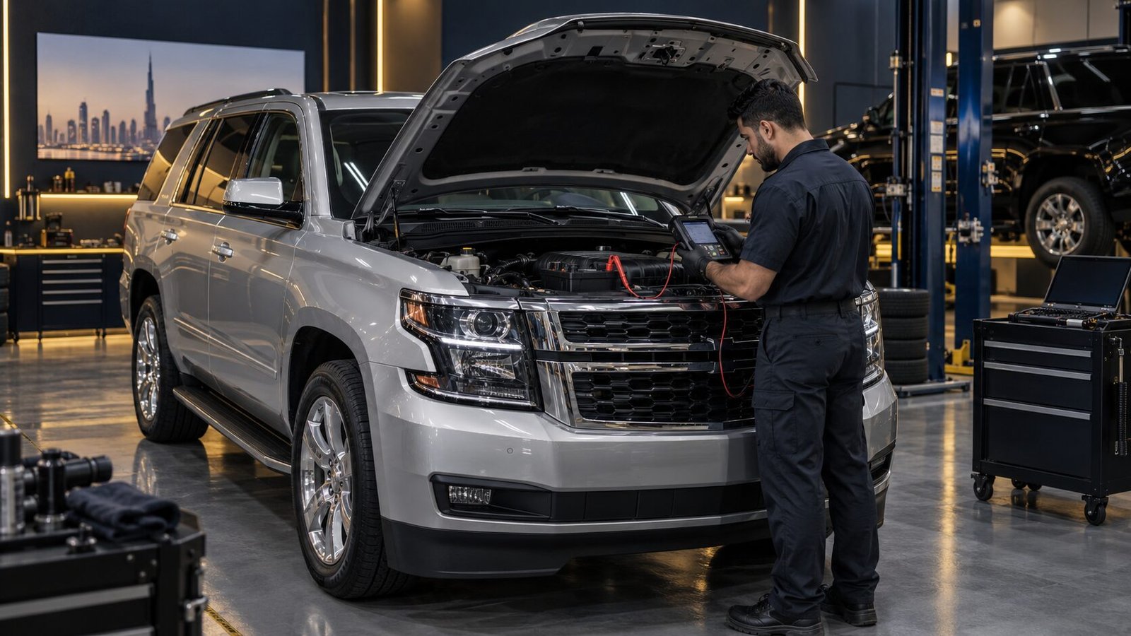 Technician testing a Chevrolet battery and charging system in Dubai