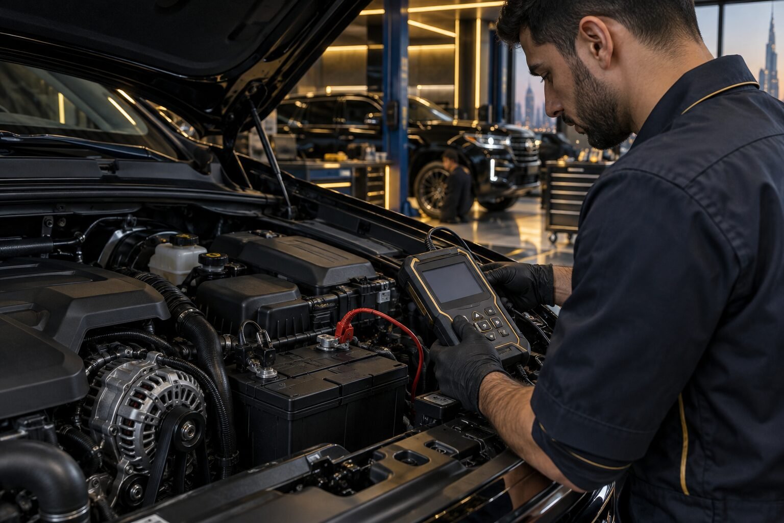 Technician testing a Chevrolet AGM battery and alternator output