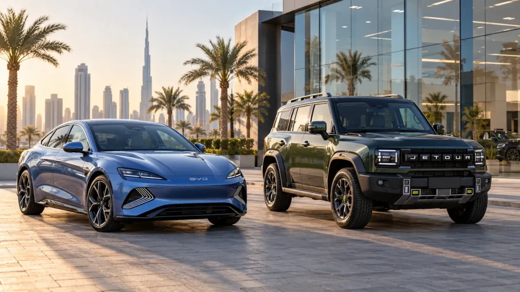 Blue electric sedan and green Chinese SUV outside a Dubai showroom