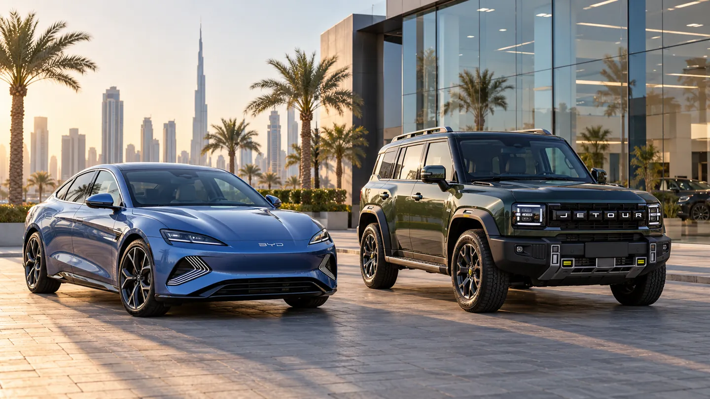 Blue electric sedan and green Chinese SUV outside a Dubai showroom