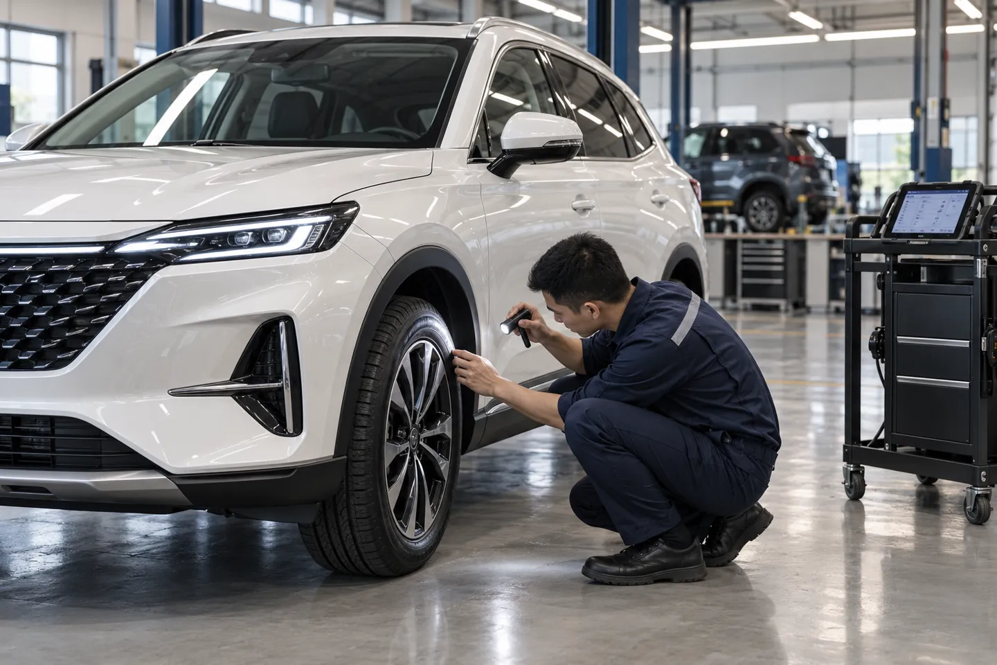 Technician checking the wheel and tire of a Chinese crossover before purchase