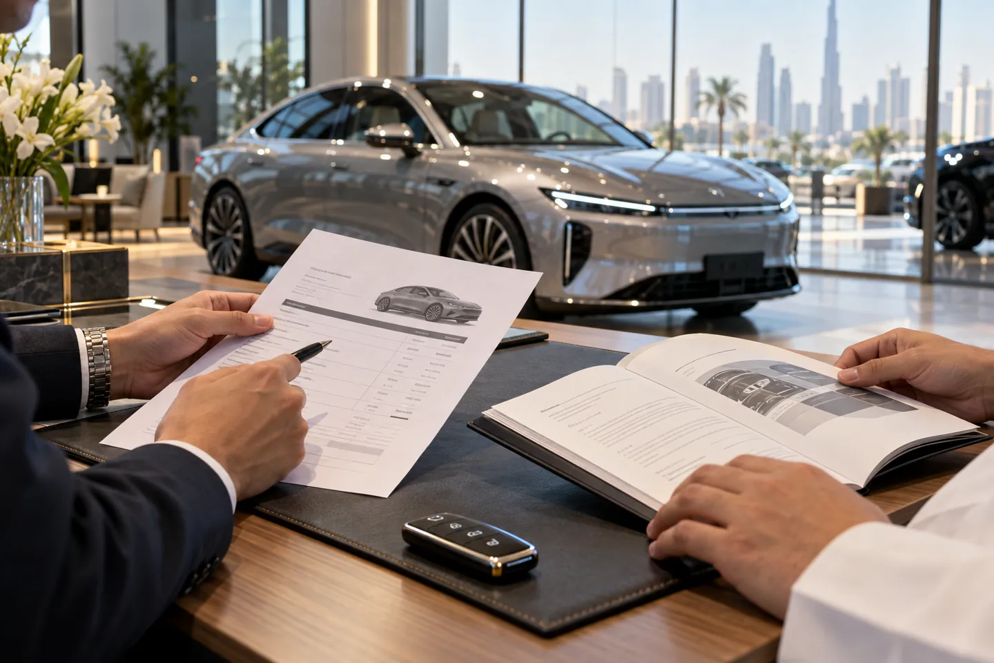 Vehicle quotation and warranty booklet being reviewed beside a silver sedan
