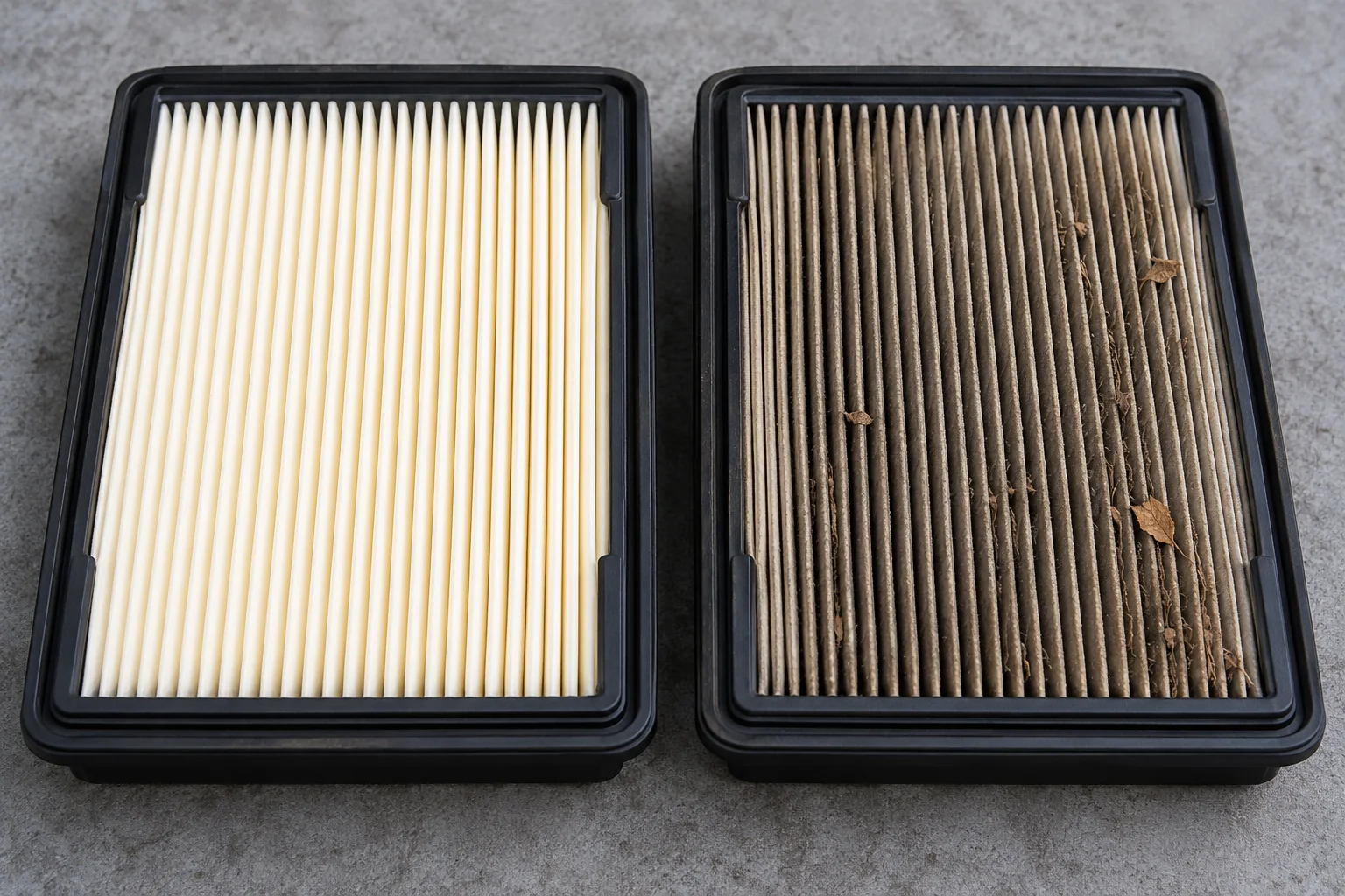 Clean and dust-loaded pleated engine air filters side by side