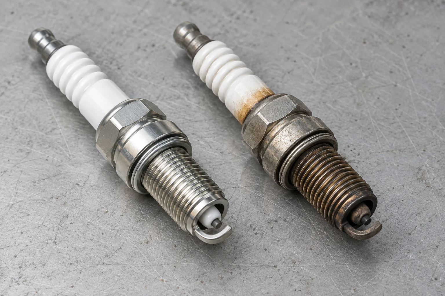 Clean and used gasoline-engine spark plugs side by side