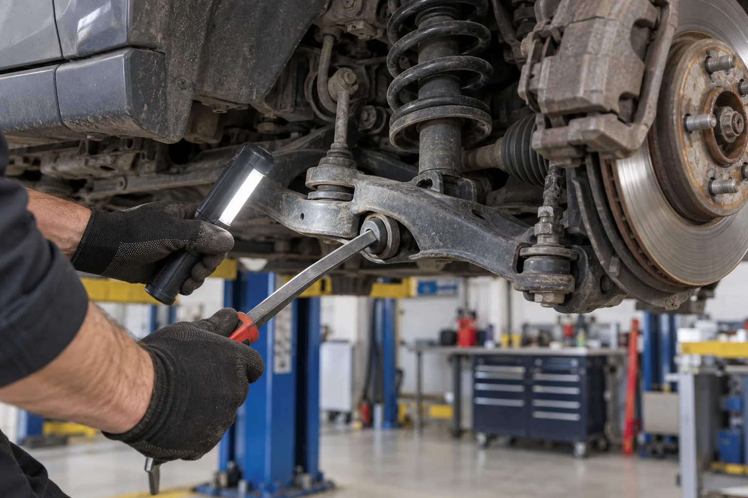 Mechanic checking a control arm bushing with a light and tool