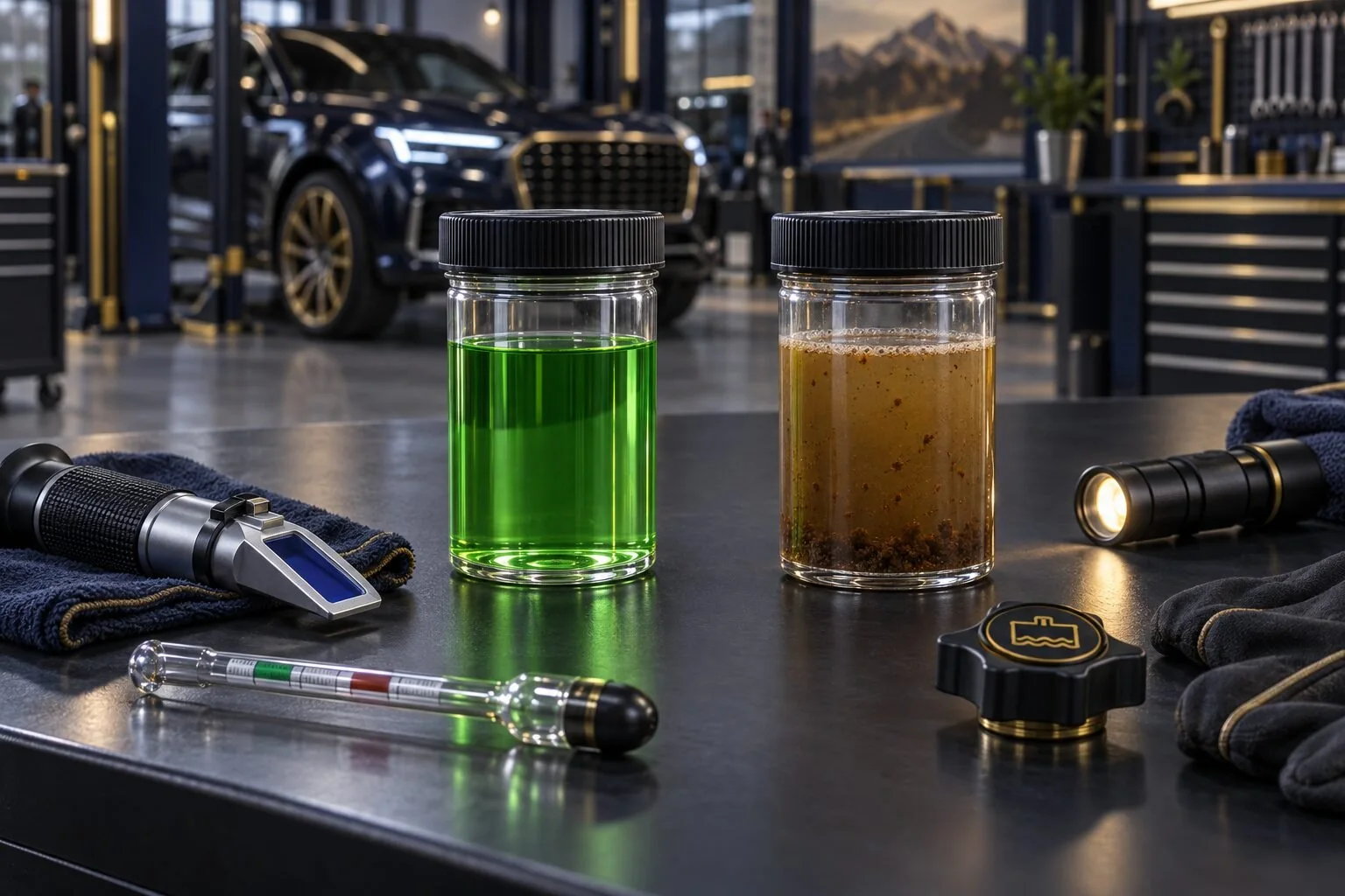 Two coolant samples, one green and one brown with visible deposits, beside a testing tool