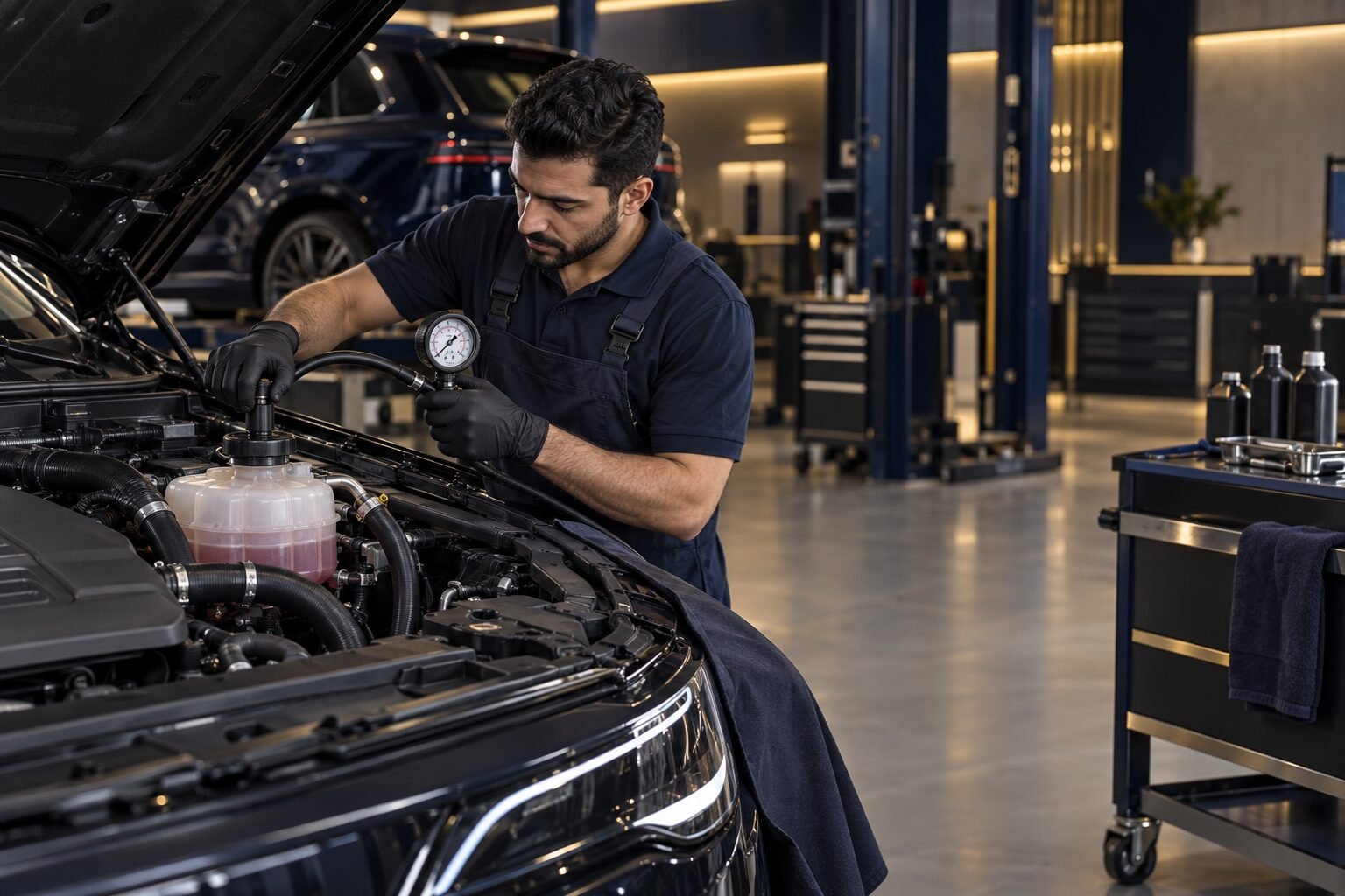 Mechanic pressure testing a vehicle cooling system and coolant reservoir