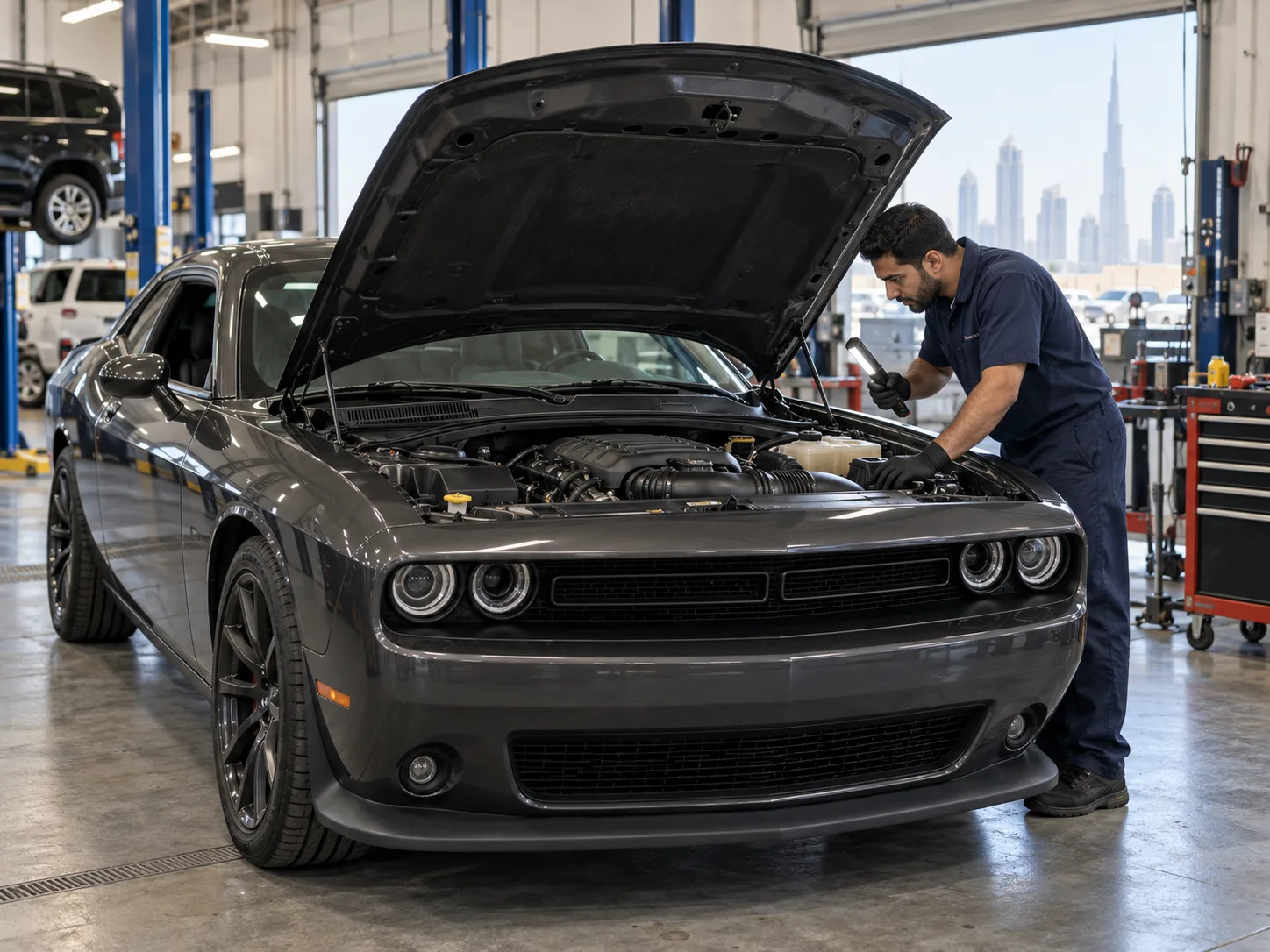 Mechanic inspecting a Dodge Challenger engine inside a garage