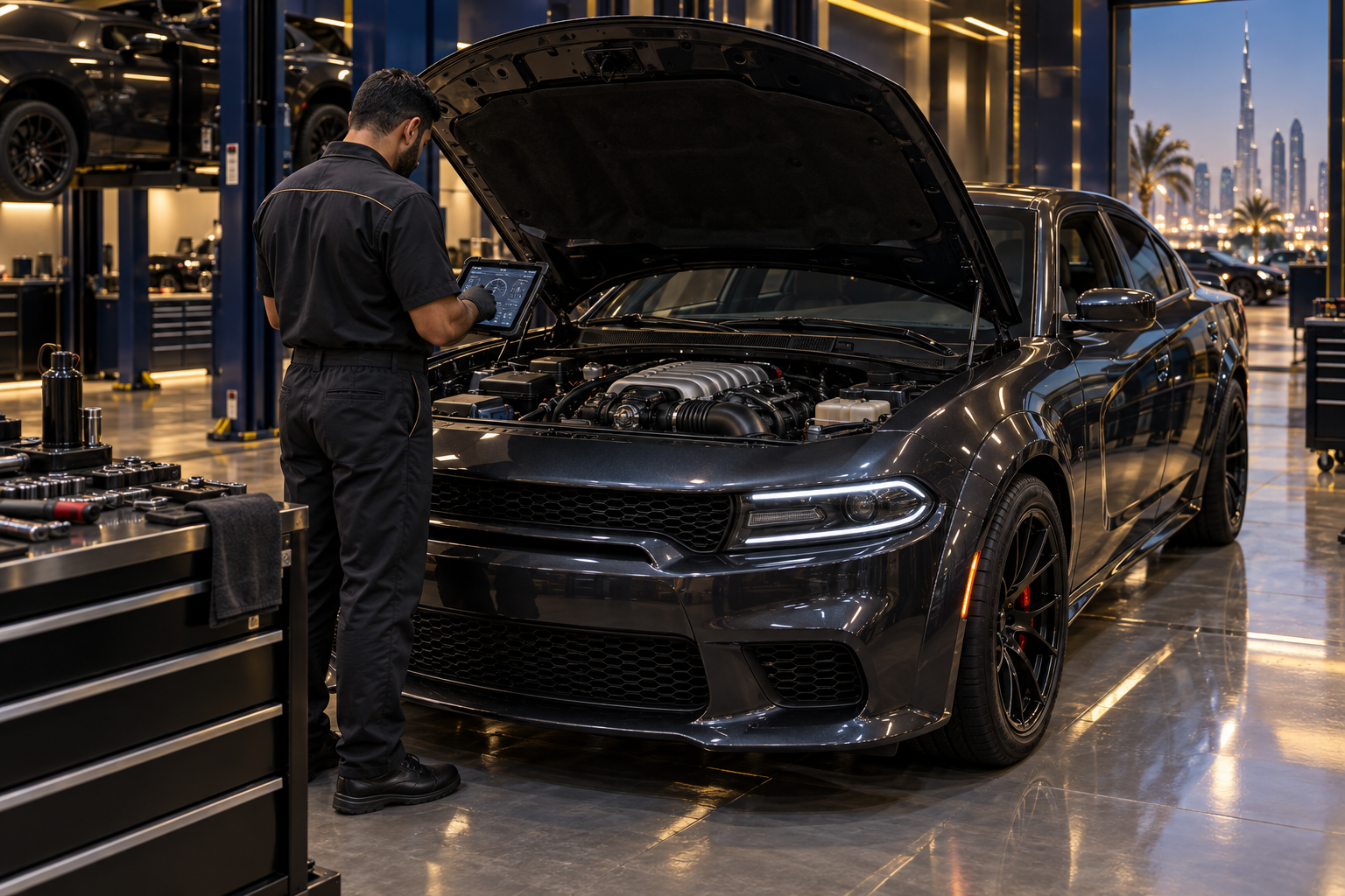 Diagnostic equipment beside an open Dodge engine bay