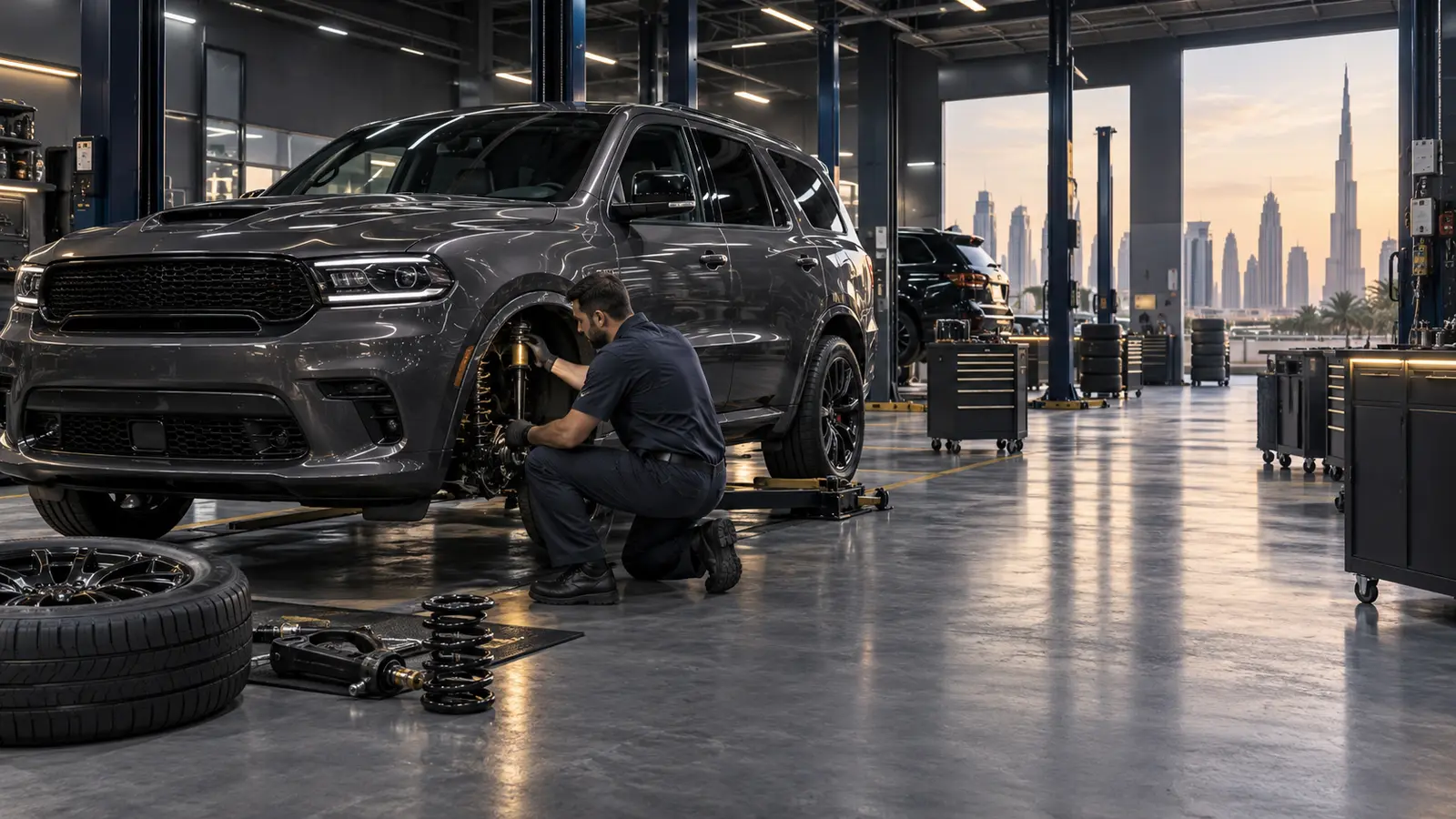 Dodge suspension repair in a Dubai workshop