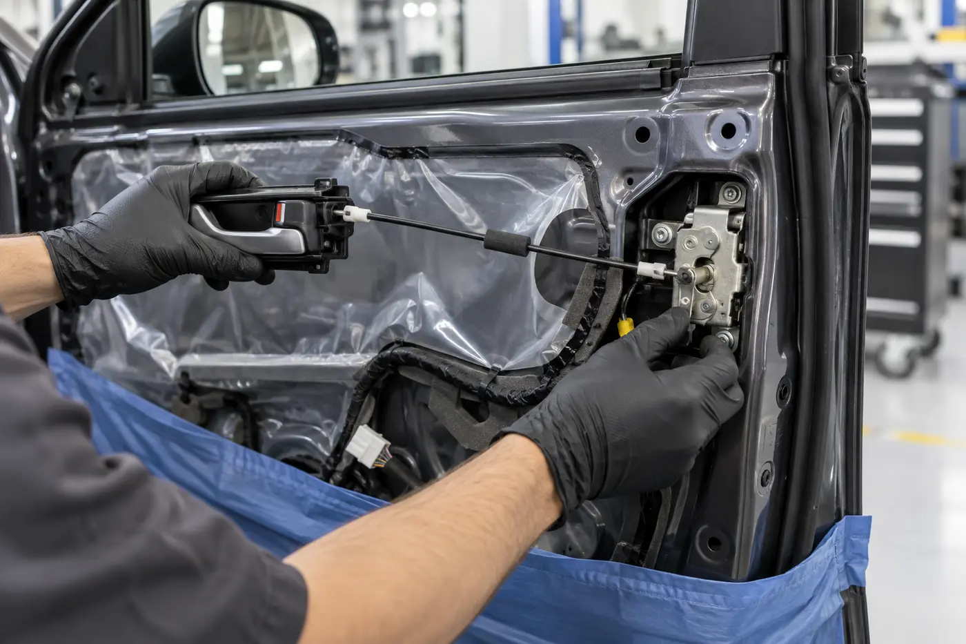 Technician testing a car door handle cable and latch