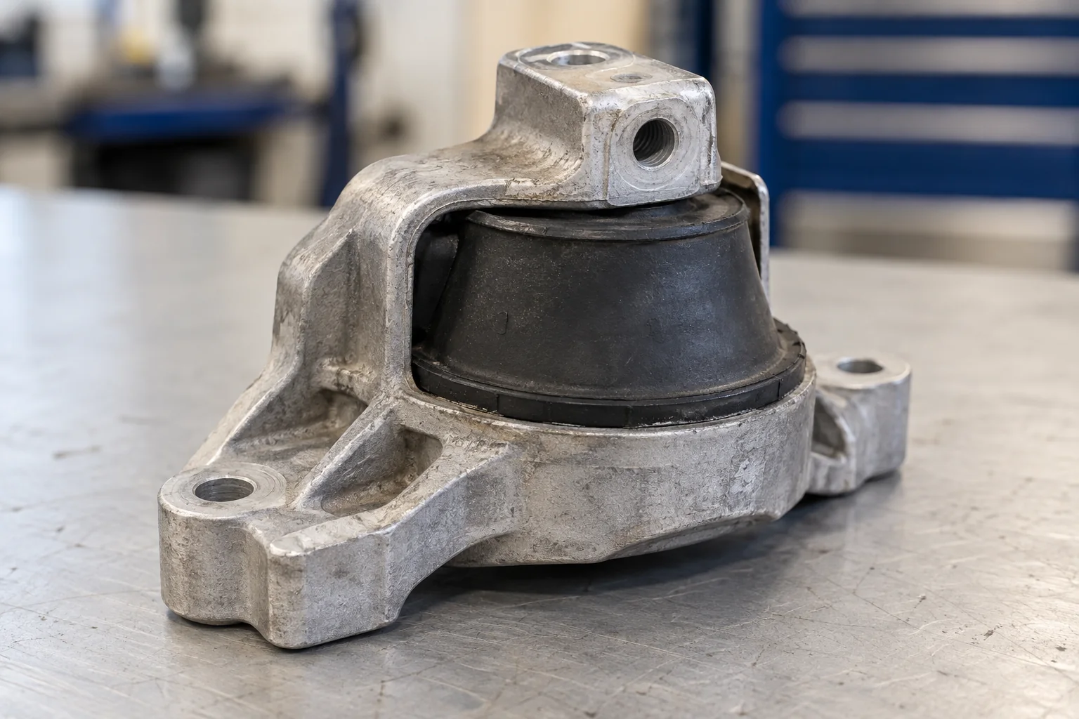 Rubber engine-mount isolator within a metal support bracket