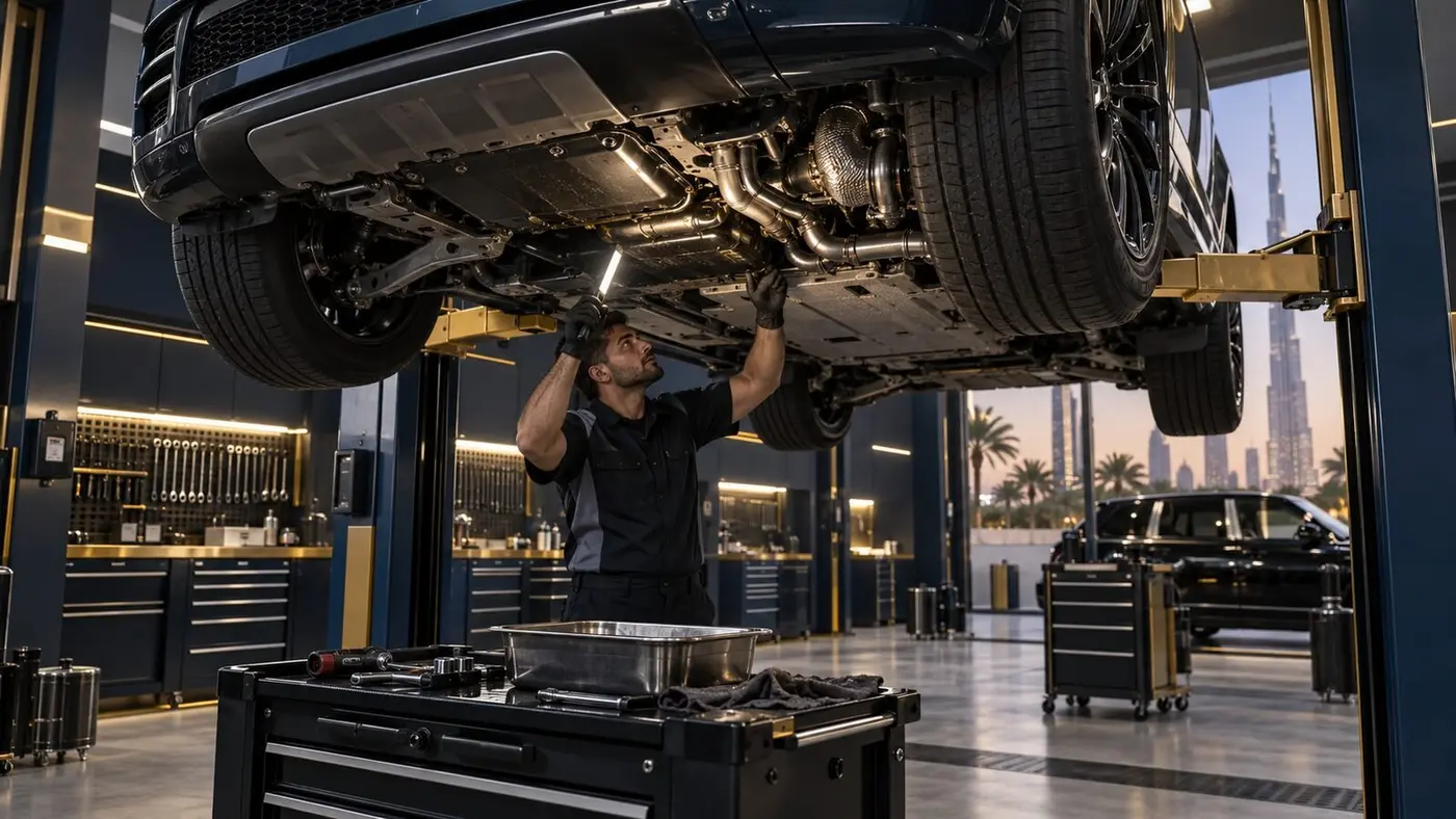 Technician inspecting the underside of a car for an engine oil leak
