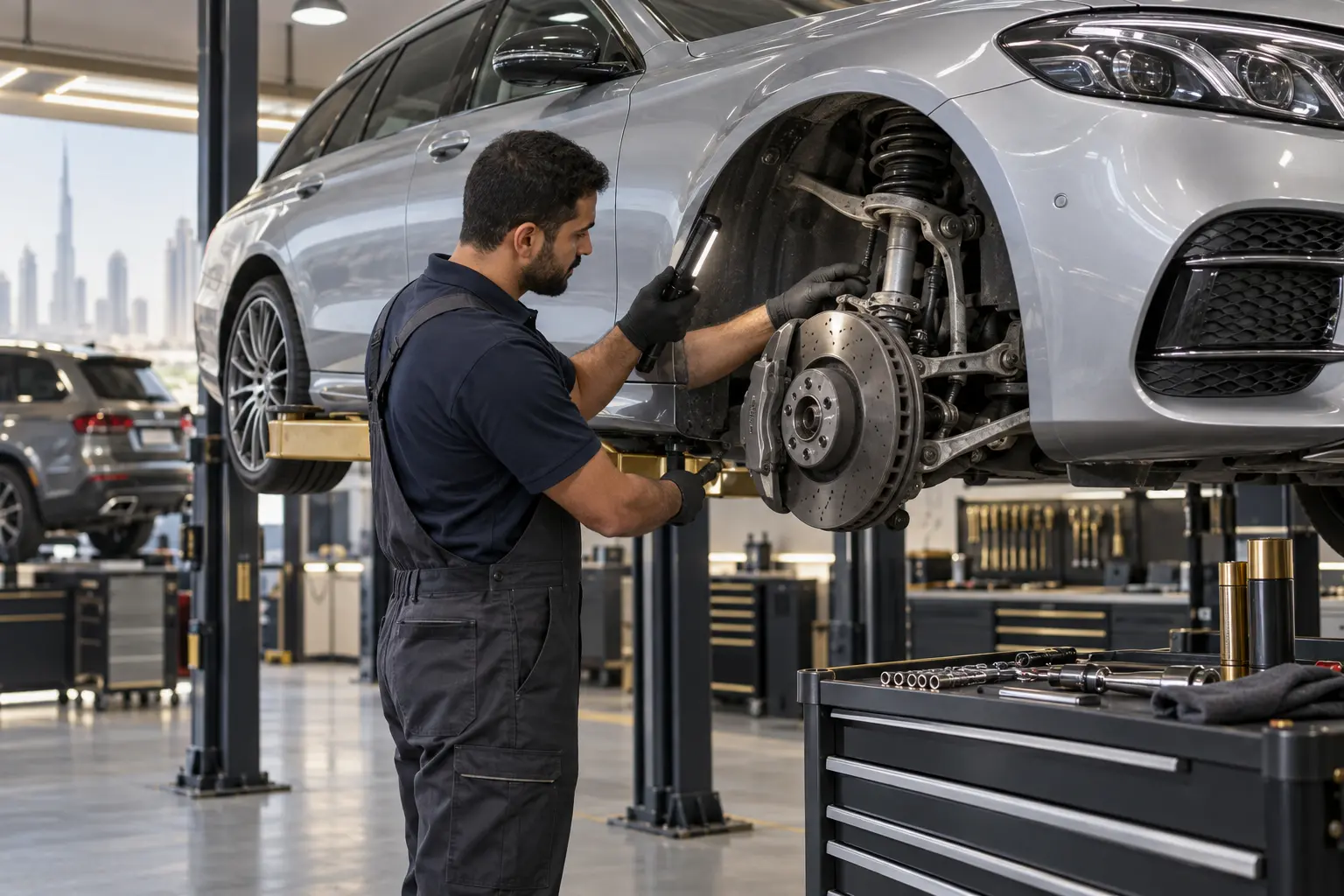 Suspension inspection under a European vehicle