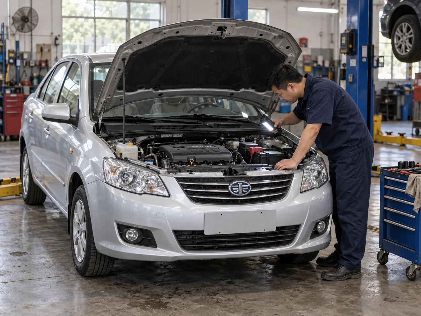 Mechanic inspecting a FAW vehicle in a garage