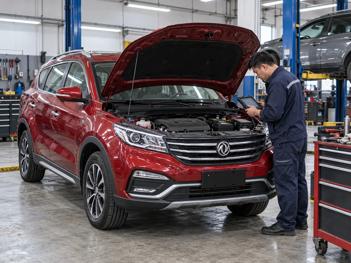 Mechanic inspecting a Fengon vehicle in a garage