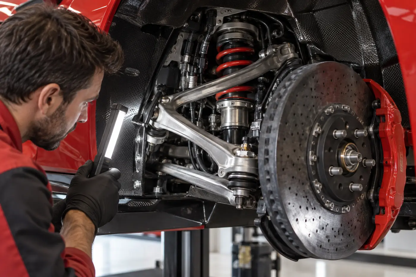 Technician inspecting Ferrari suspension and steering components