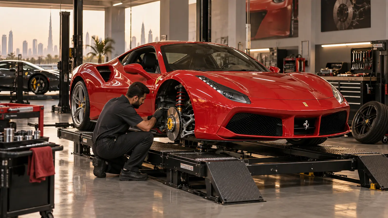 Ferrari suspension repair in a Dubai workshop