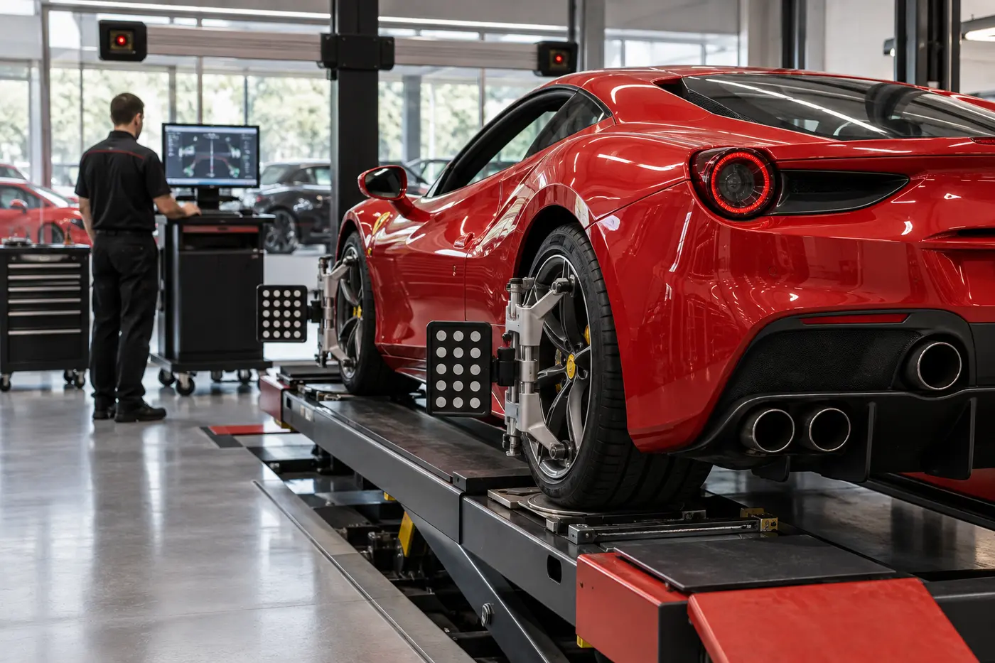 Ferrari wheel alignment and steering geometry check in Dubai