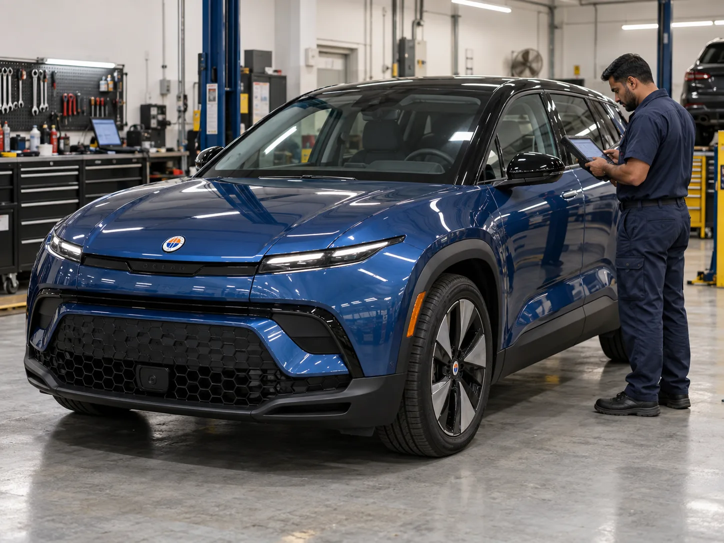 Fisker Ocean beside a technician using a diagnostic tablet in a garage
