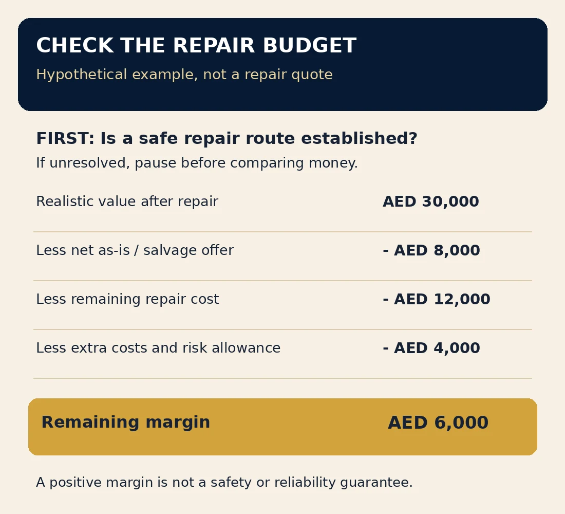 Hypothetical AED 30,000 repaired value minus AED 8,000 as-is value, AED 12,000 repair, and AED 4,000 allowance leaves AED 6,000