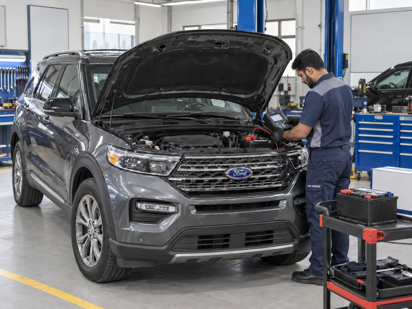 Technician testing a Ford SUV battery inside a workshop