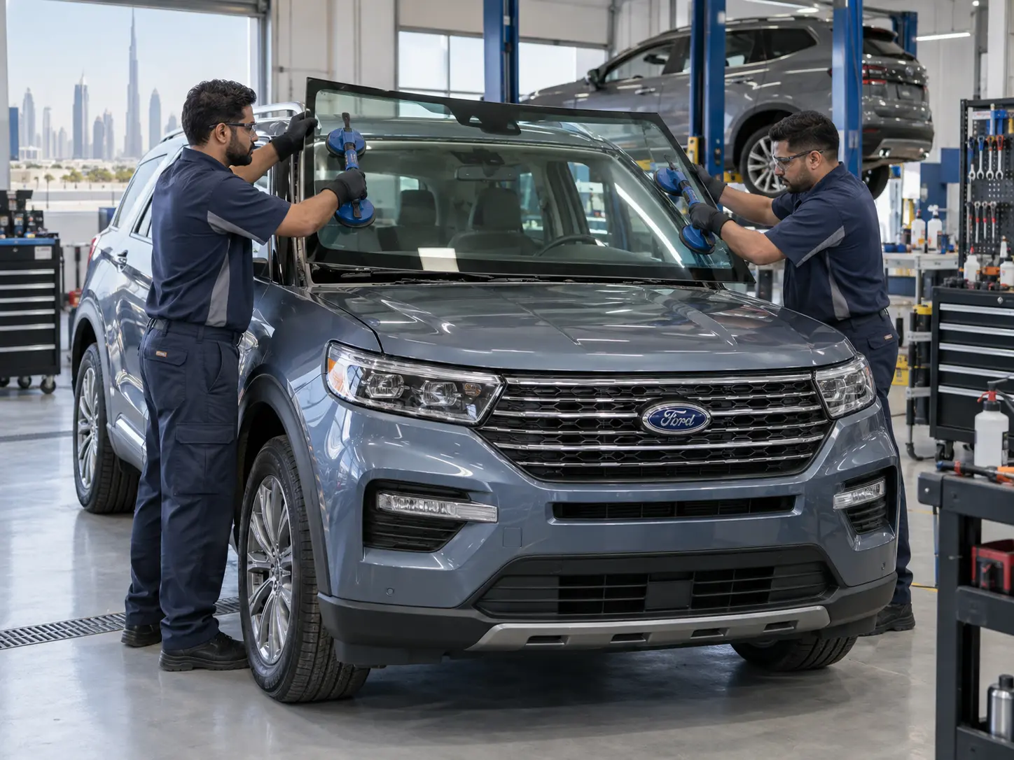 Ford SUV receiving windshield work inside a workshop