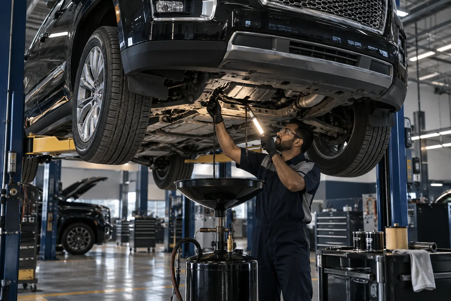 Technician draining engine oil and checking a GMC underbody for leaks