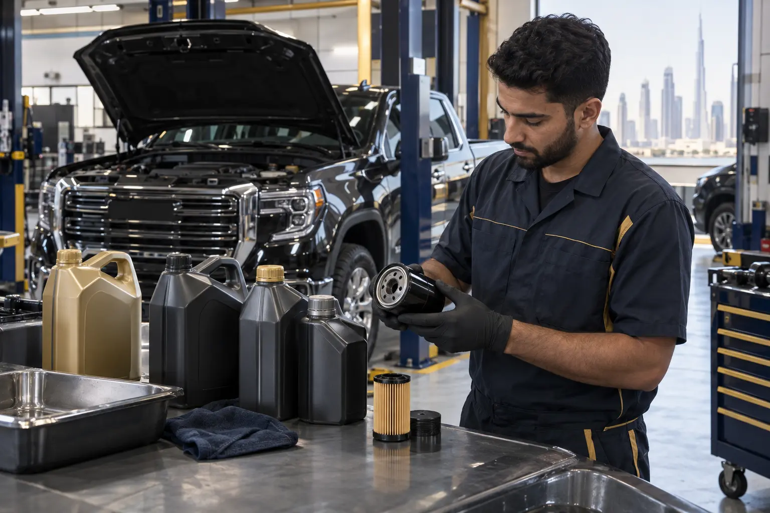 Technician selecting engine oil and an oil filter for a GMC Sierra