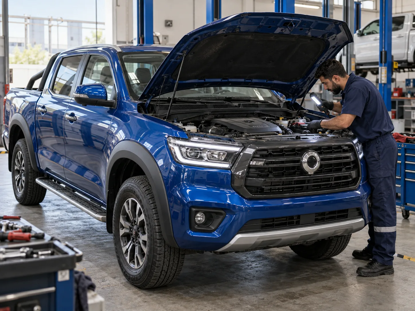 Mechanic inspecting a blue Great Wall pickup engine bay in a garage