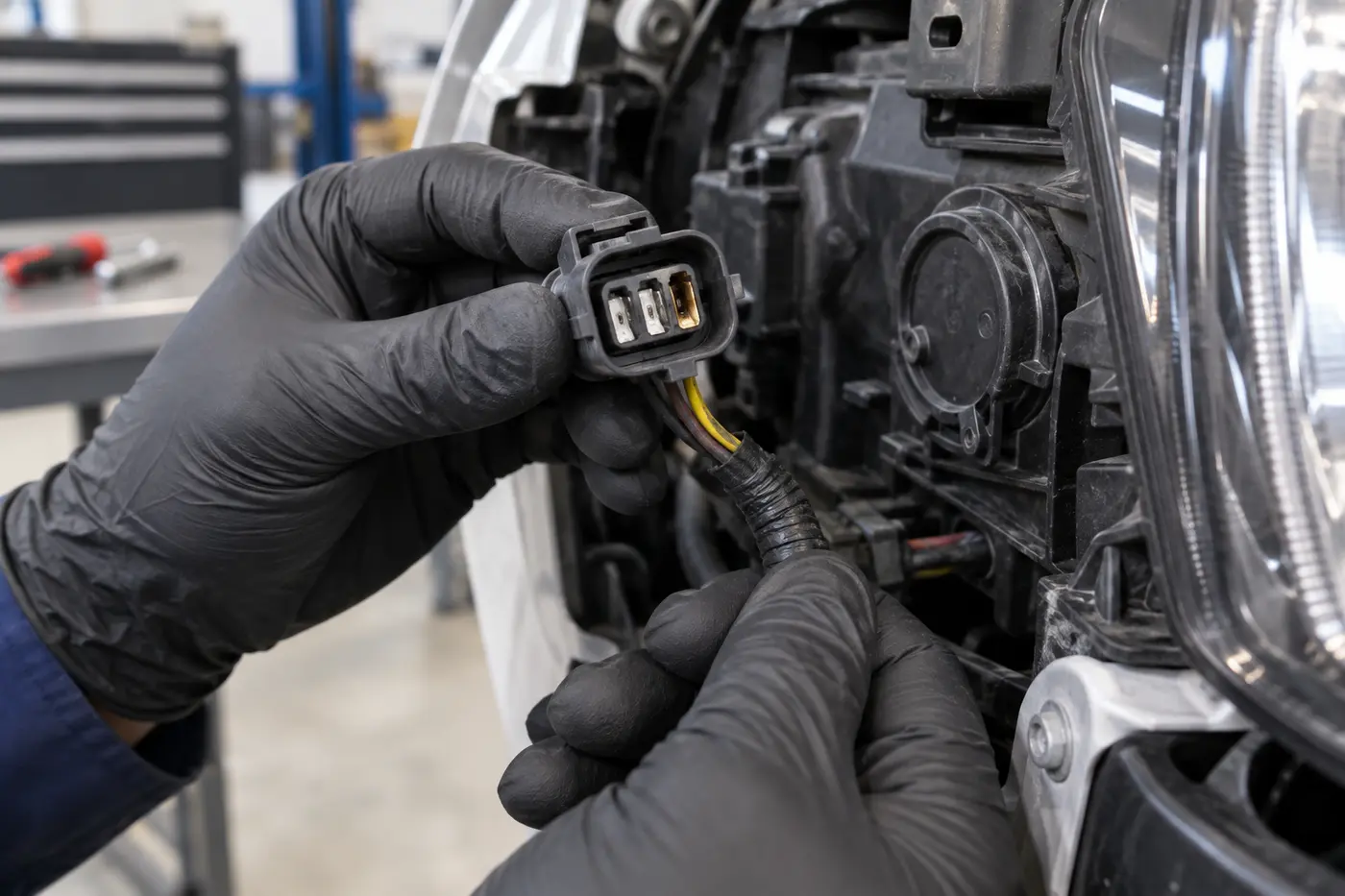 Technician checking a front lighting electrical connector
