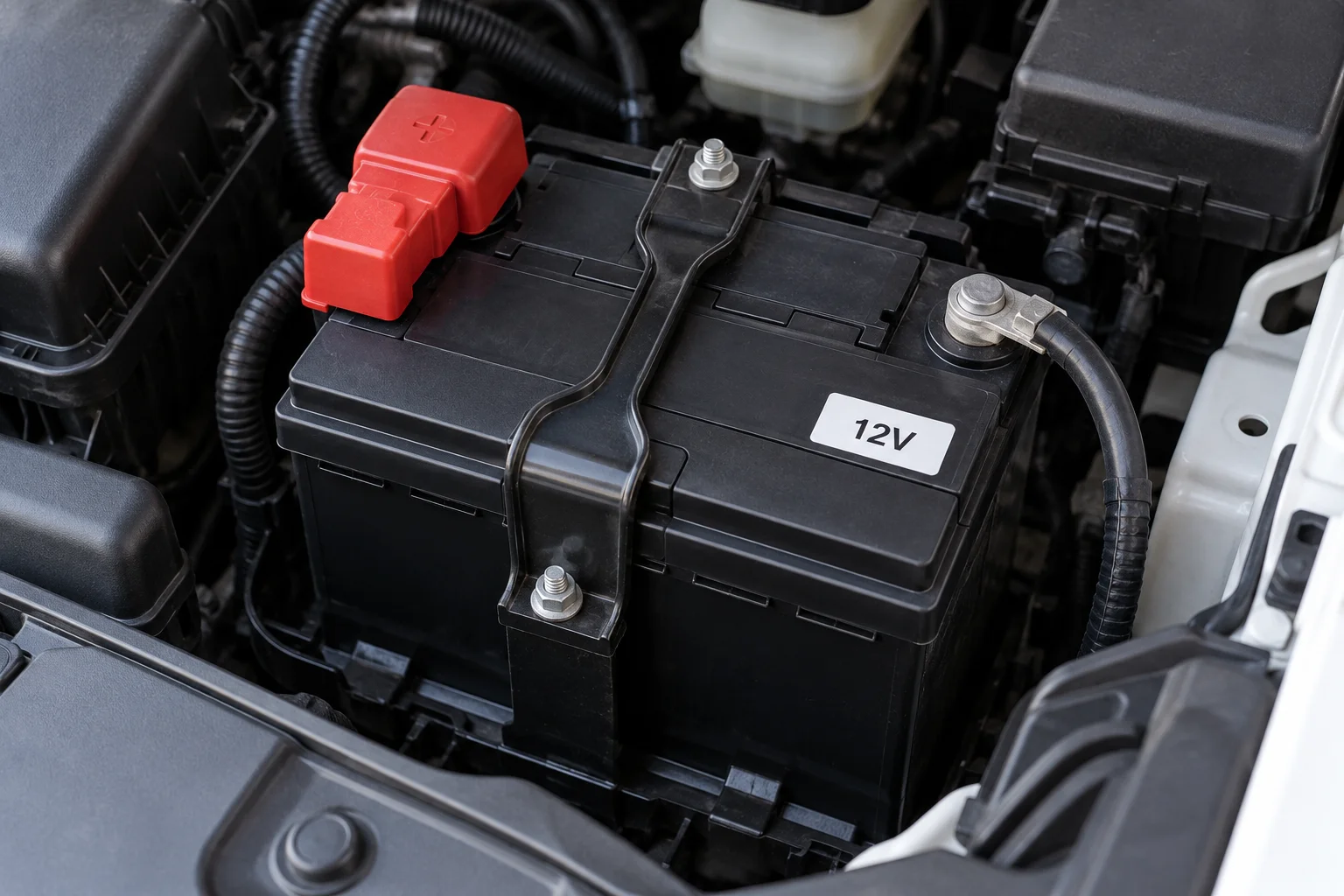Installed 12-volt auxiliary battery with a covered positive terminal