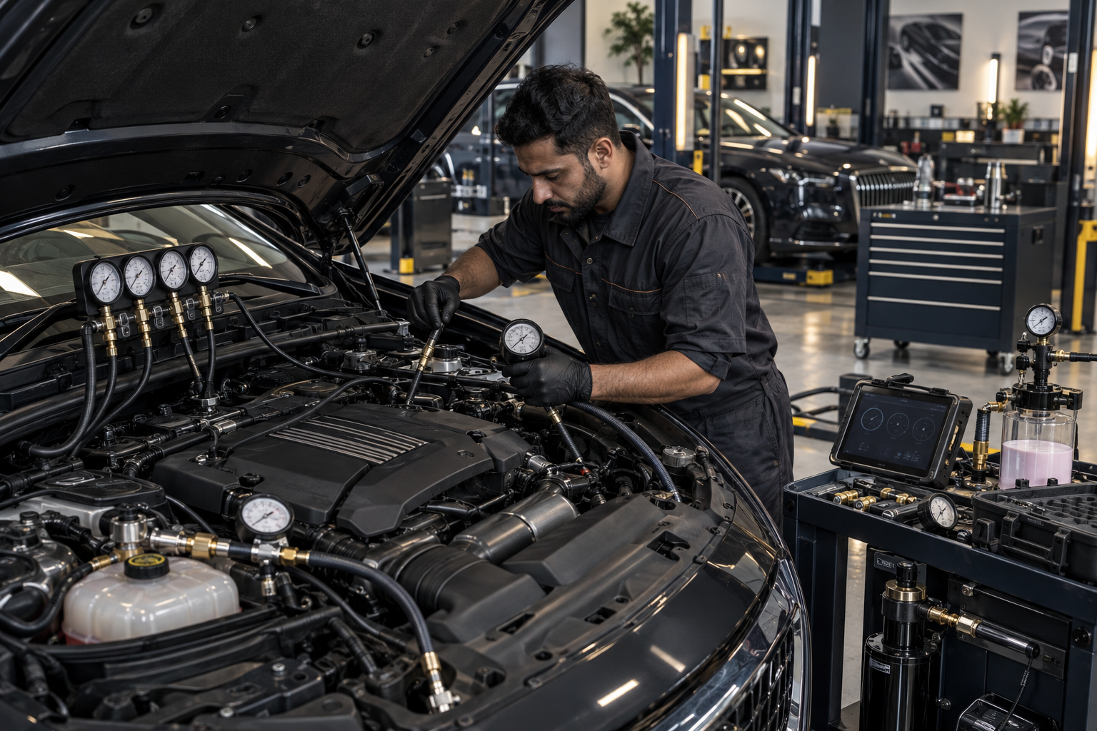 Technician performing pressure and mechanical tests on a Jaguar engine