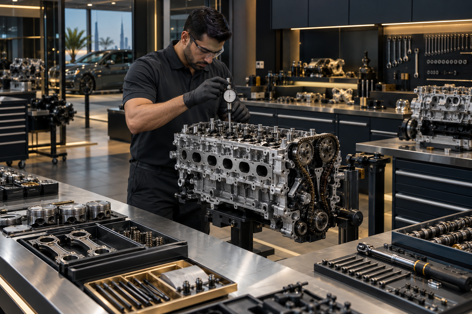Technician measuring cylinder head and timing components during engine rebuilding