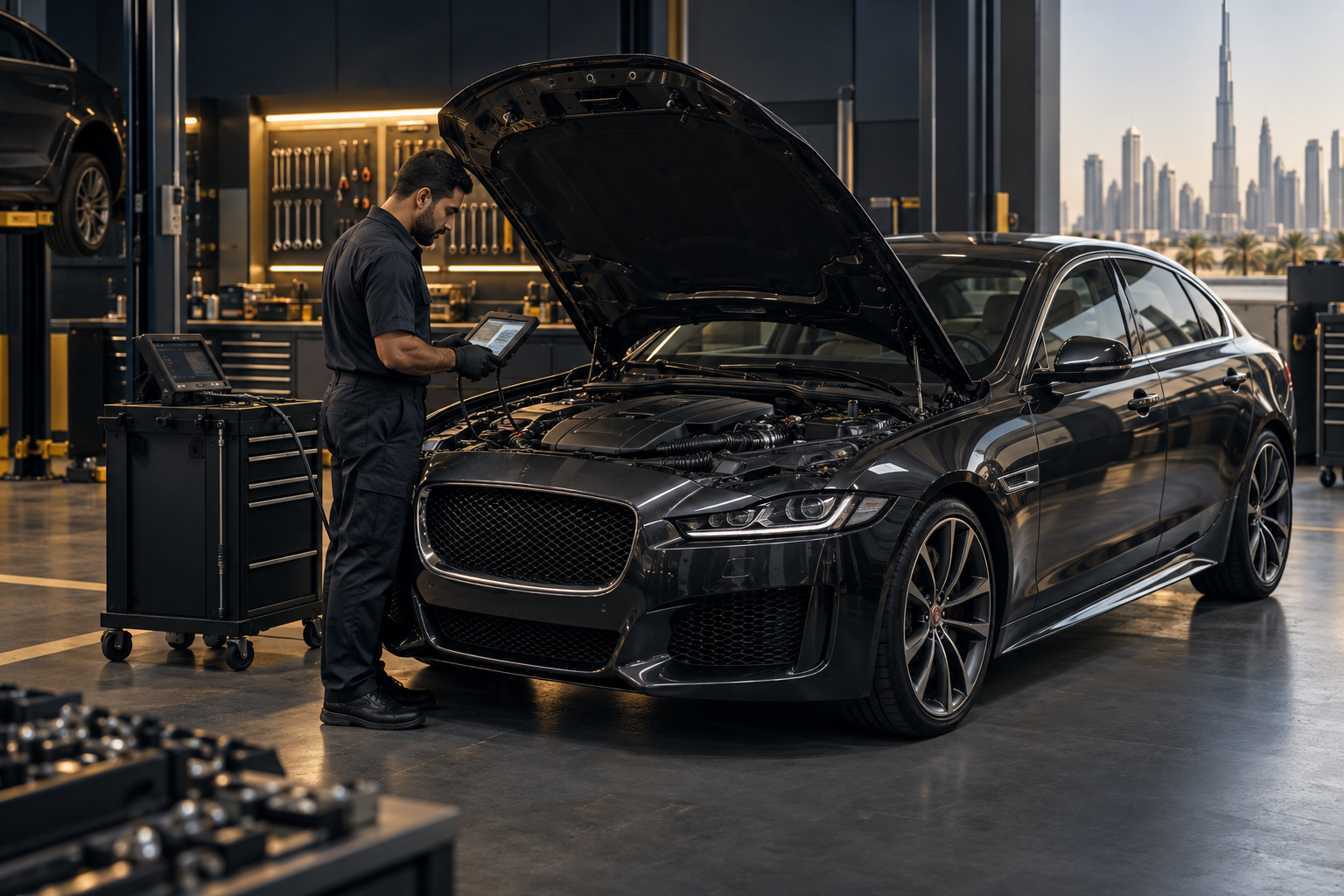 Technician diagnosing a Jaguar engine in a premium Dubai workshop