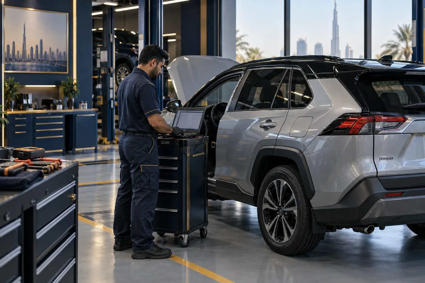 Technician using a diagnostic computer beside a hybrid SUV