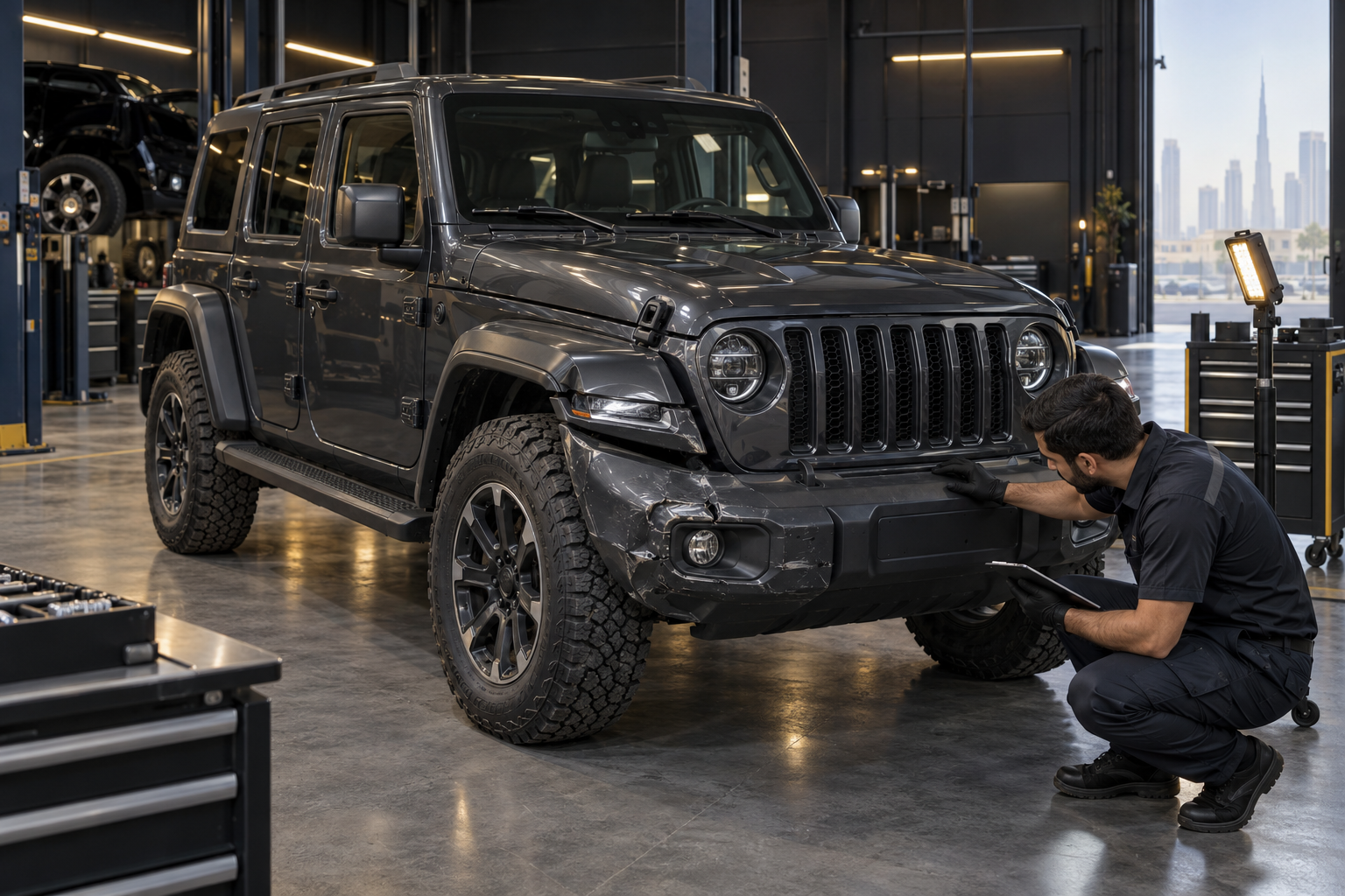 Technician inspecting front-corner collision damage on a rugged SUV in a Dubai workshop