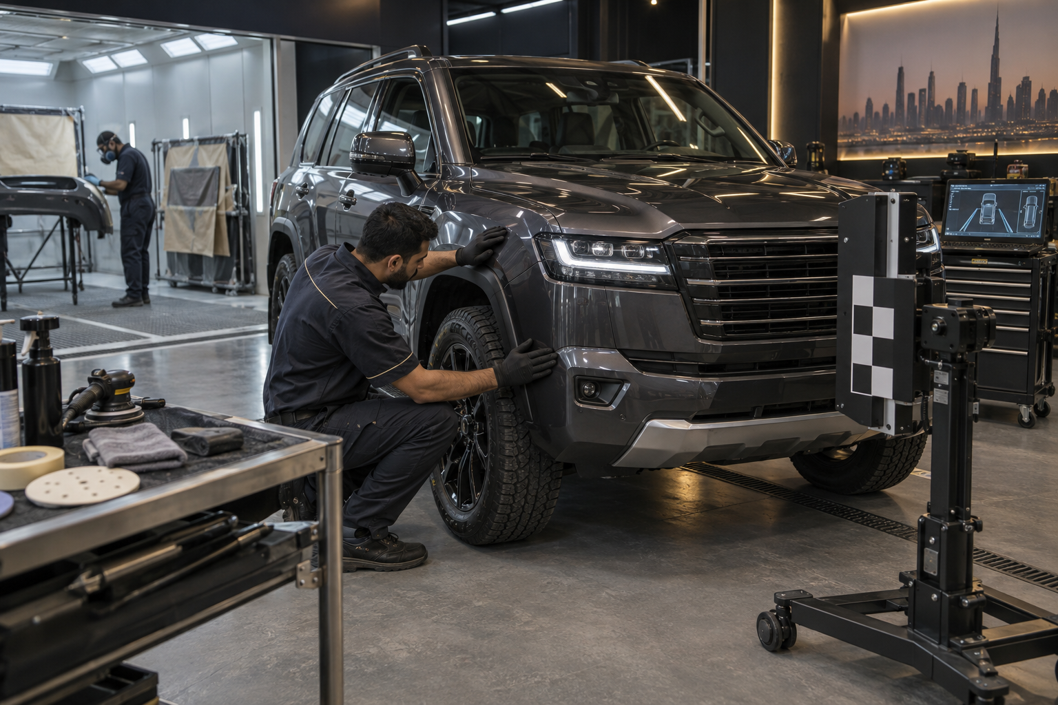 Technician checking repaired SUV body alignment and driver assistance sensors