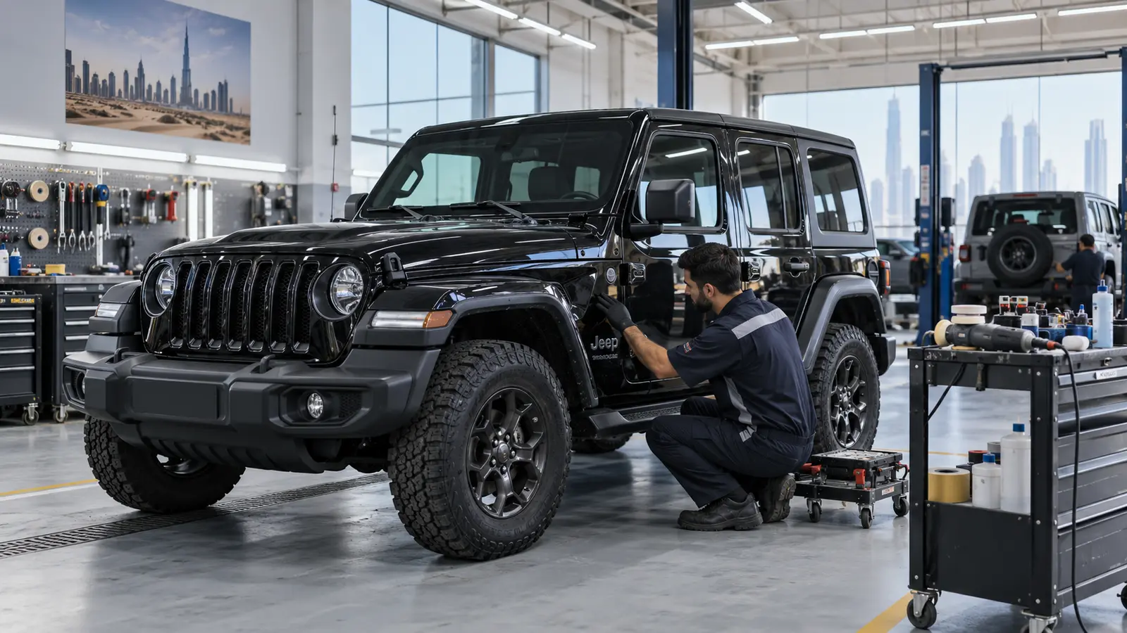 Black Jeep Wrangler receiving body repair in a Dubai workshop