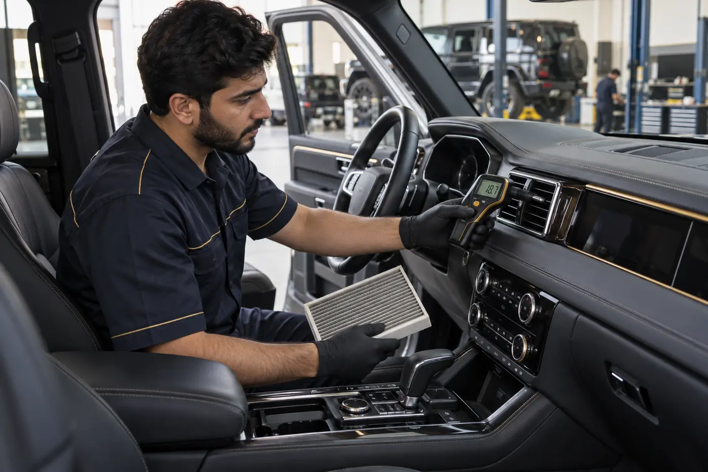 Technician checking Jeep cabin vent temperature and air filter