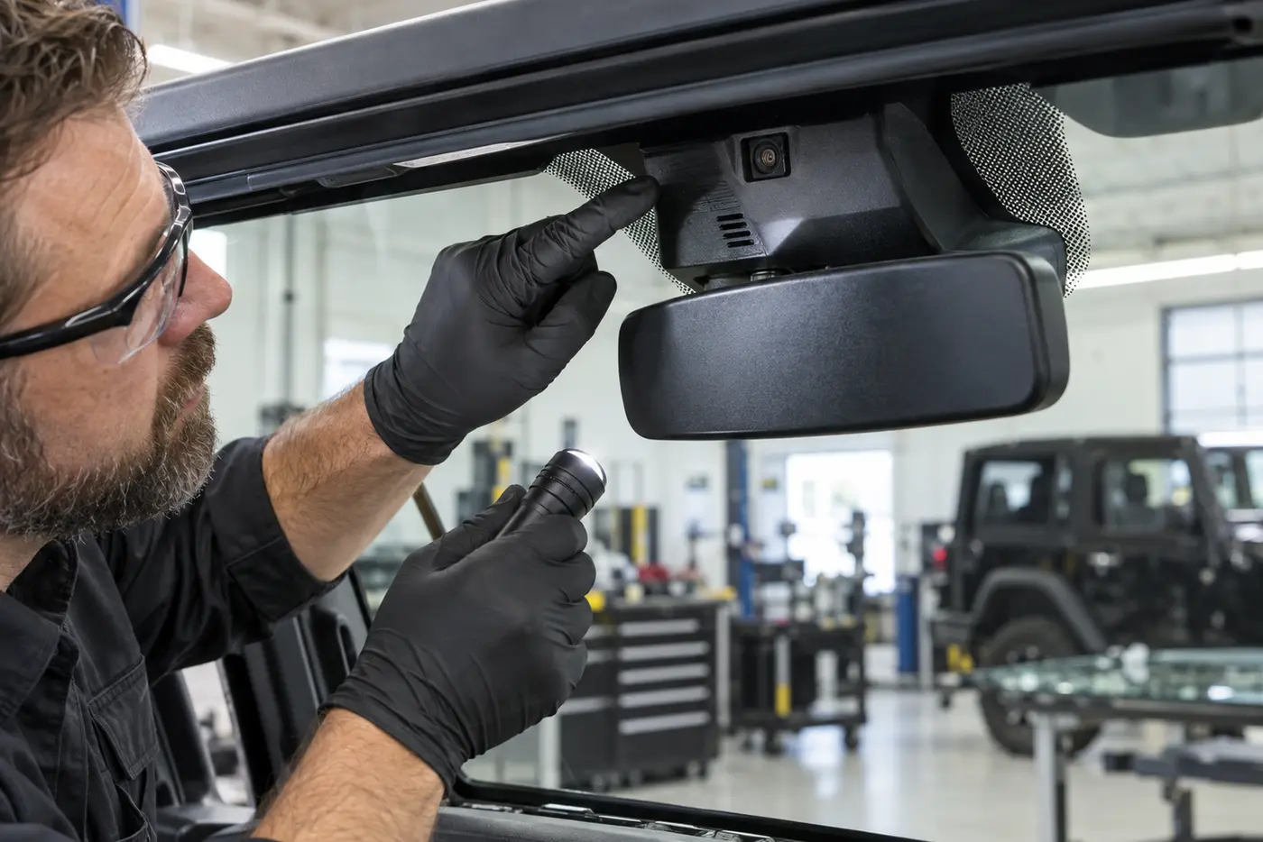 Technician inspecting the Jeep windscreen camera and rain sensor