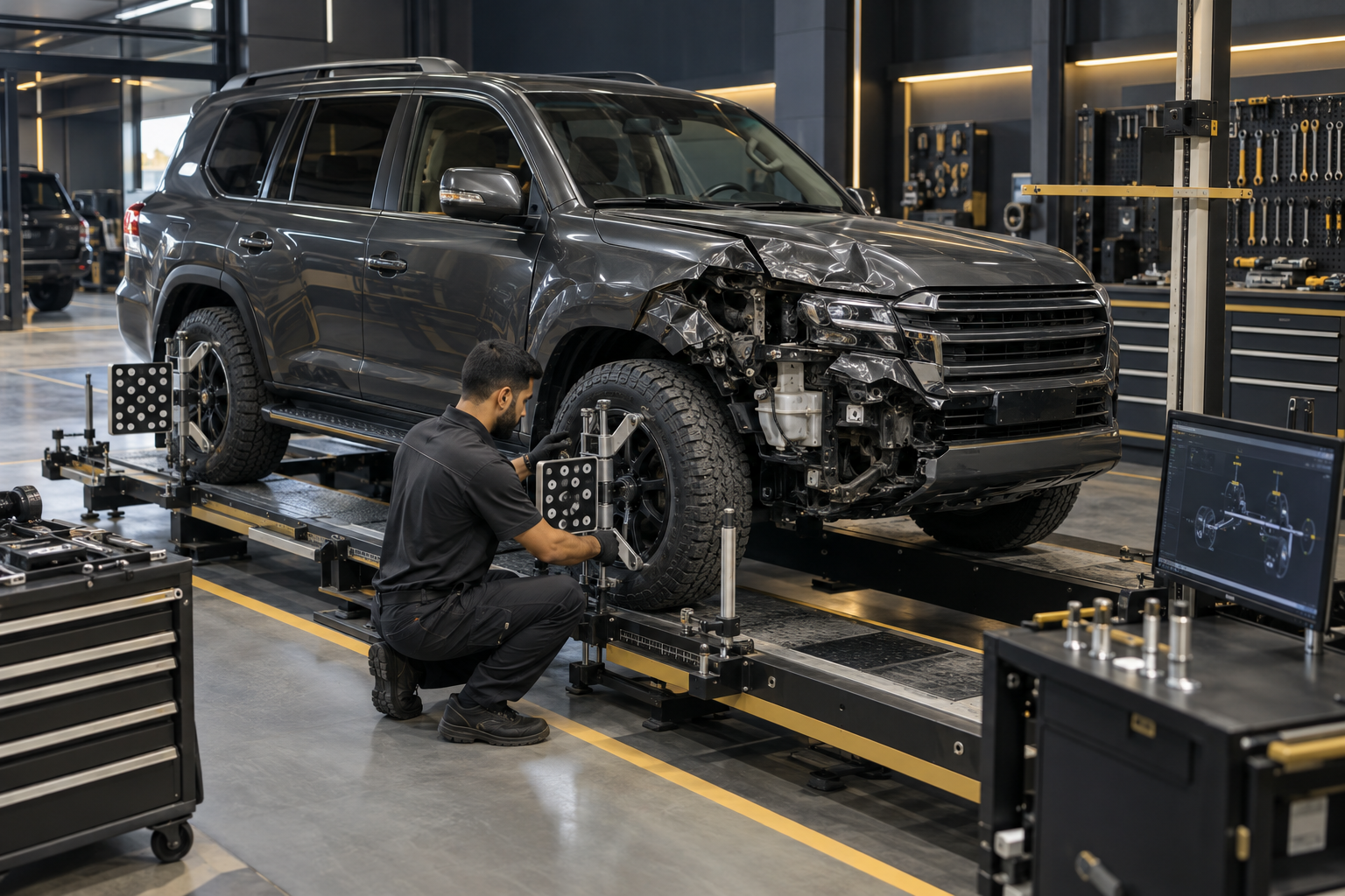 Technician measuring chassis and wheel geometry after an SUV collision