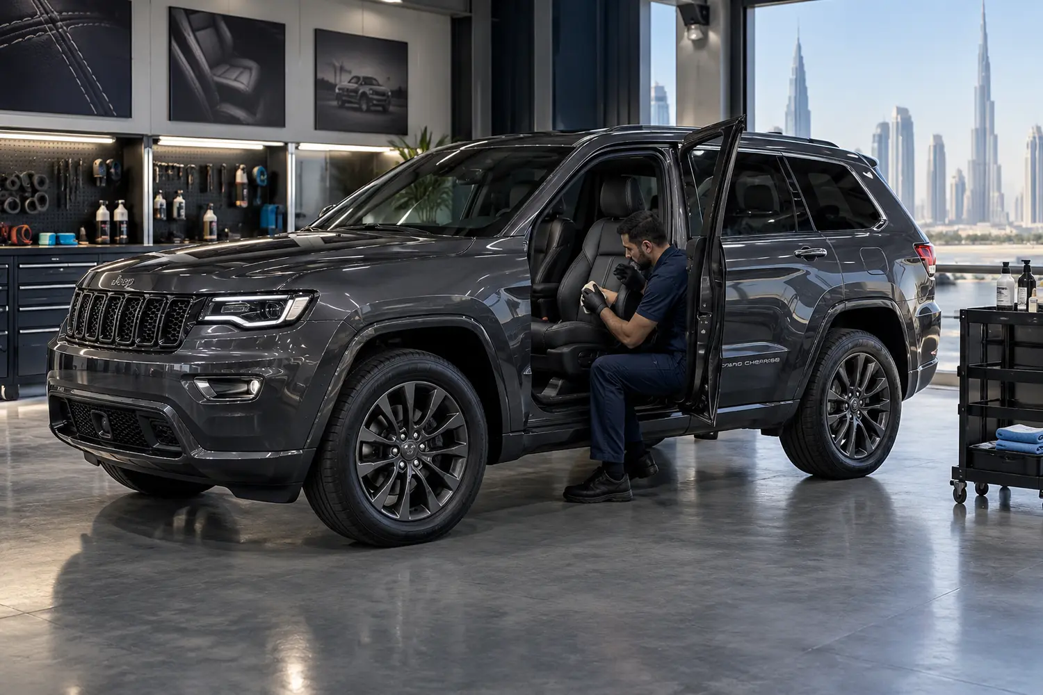 Jeep Grand Cherokee receiving seat upholstery service in Dubai